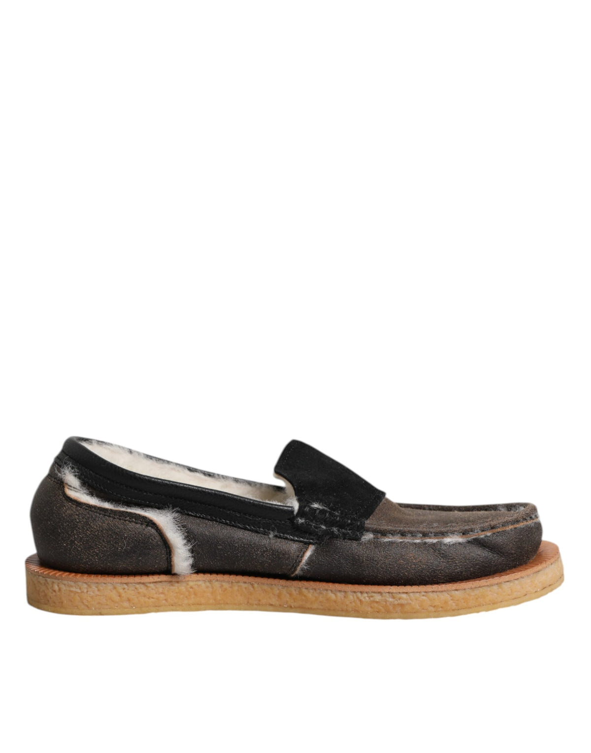 Dolce & Gabbana Brown White Calfskin Leather Loafers Shoes