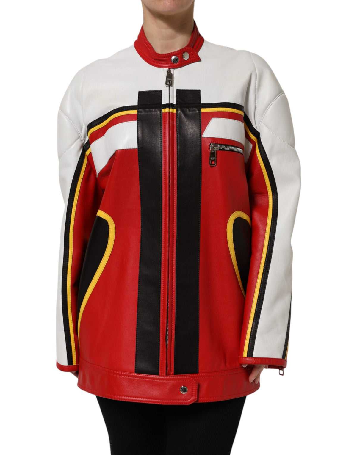 Dolce & Gabbana Multicolor Leather Biker Full Zip Coat Jacket