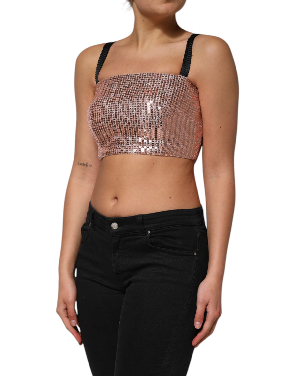 Dolce & Gabbana Pink Sequined Nylon Sleeveless Cropped Top