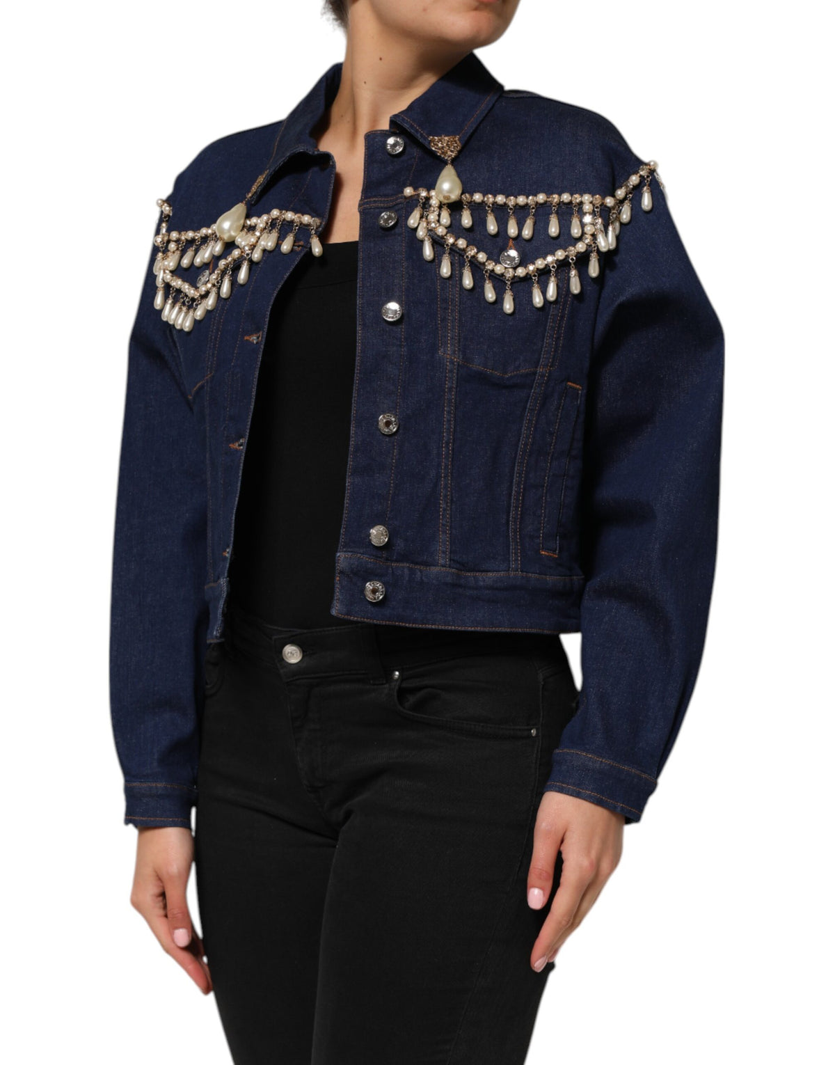 Dolce & Gabbana Blue Cotton Denim Crystal Embellished Jacket