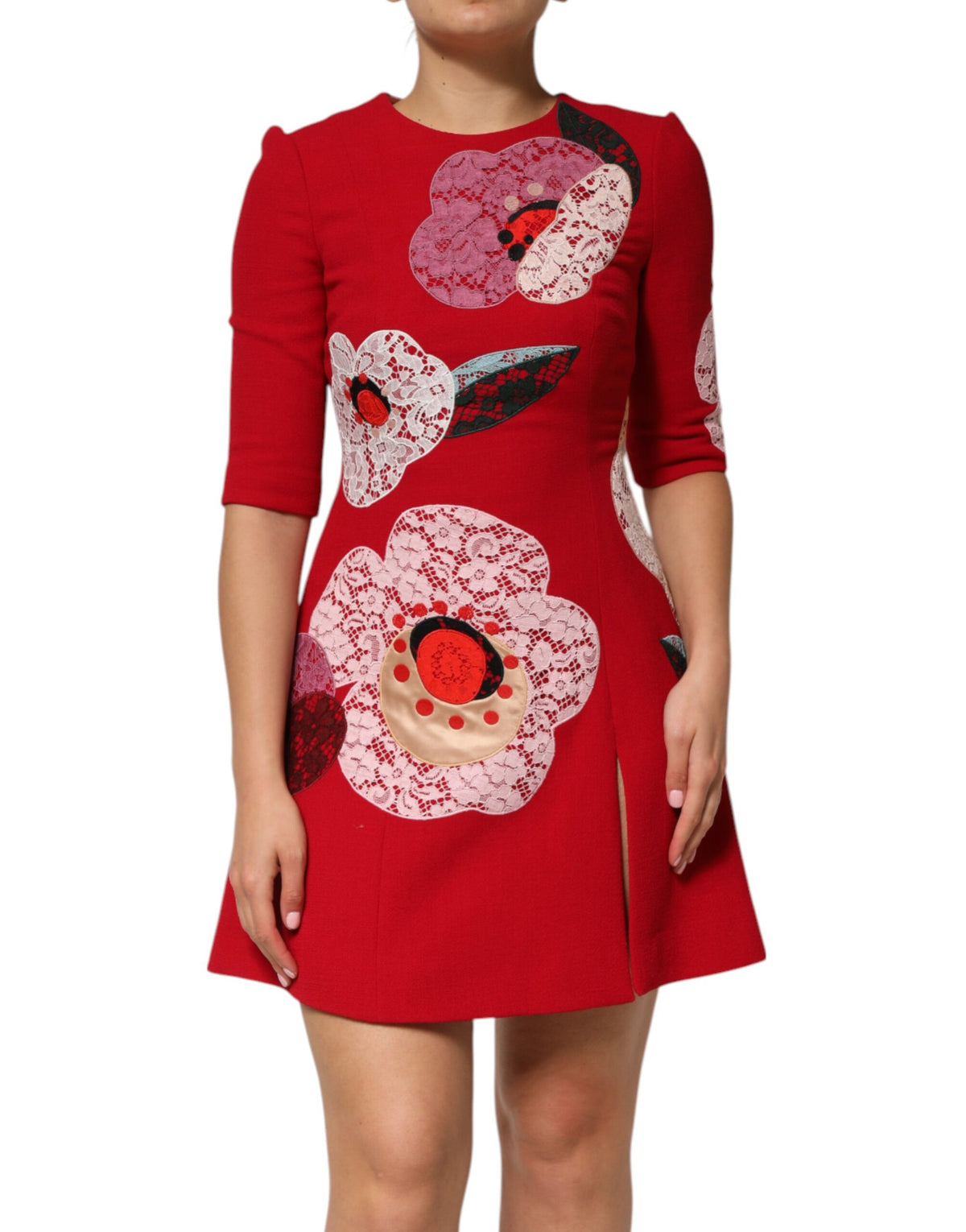 Dolce & Gabbana Red Lace Floral Applique A-line Mini Dress