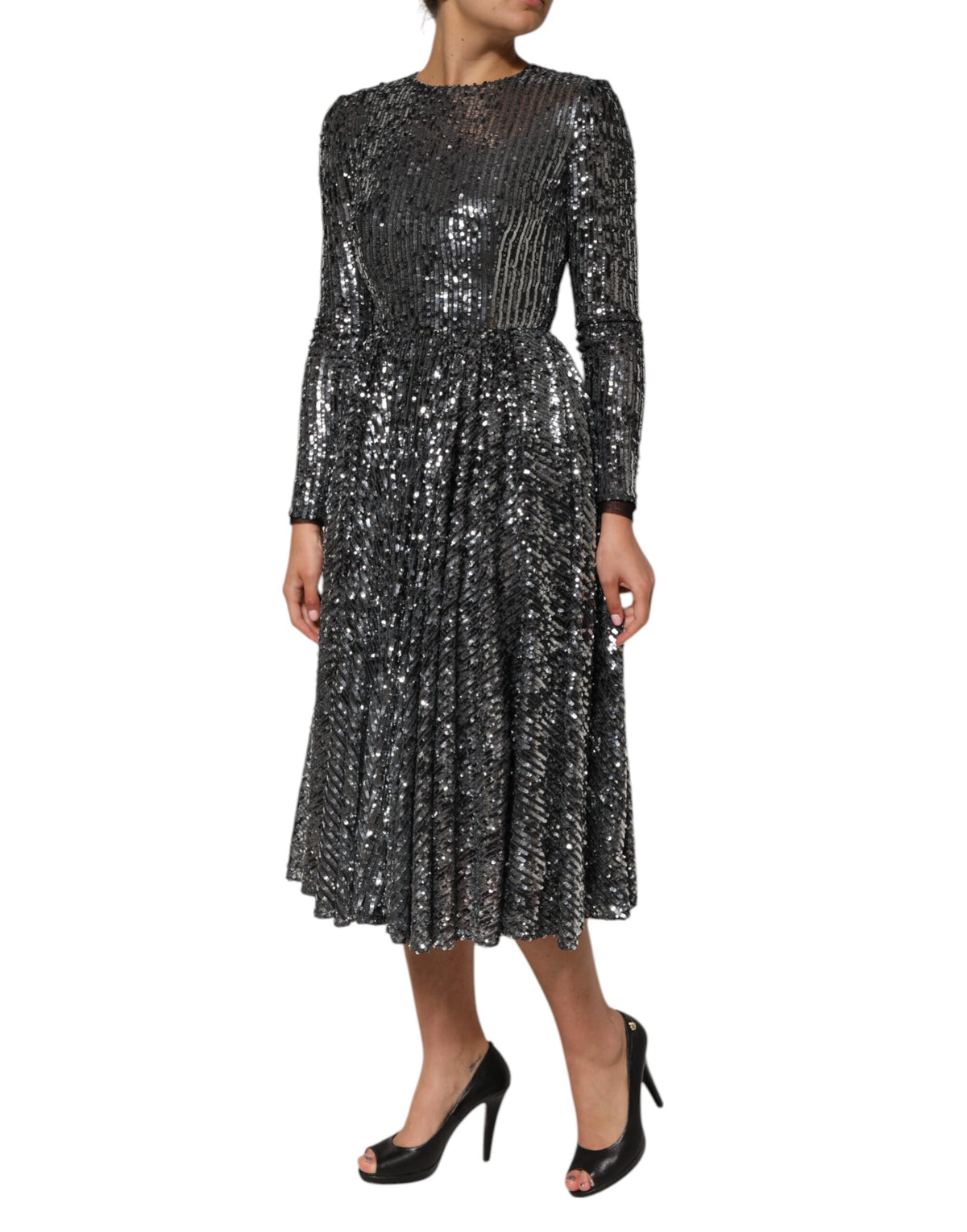 Dolce & Gabbana Black Sequined Long Sleeves Midi A-line  Dress