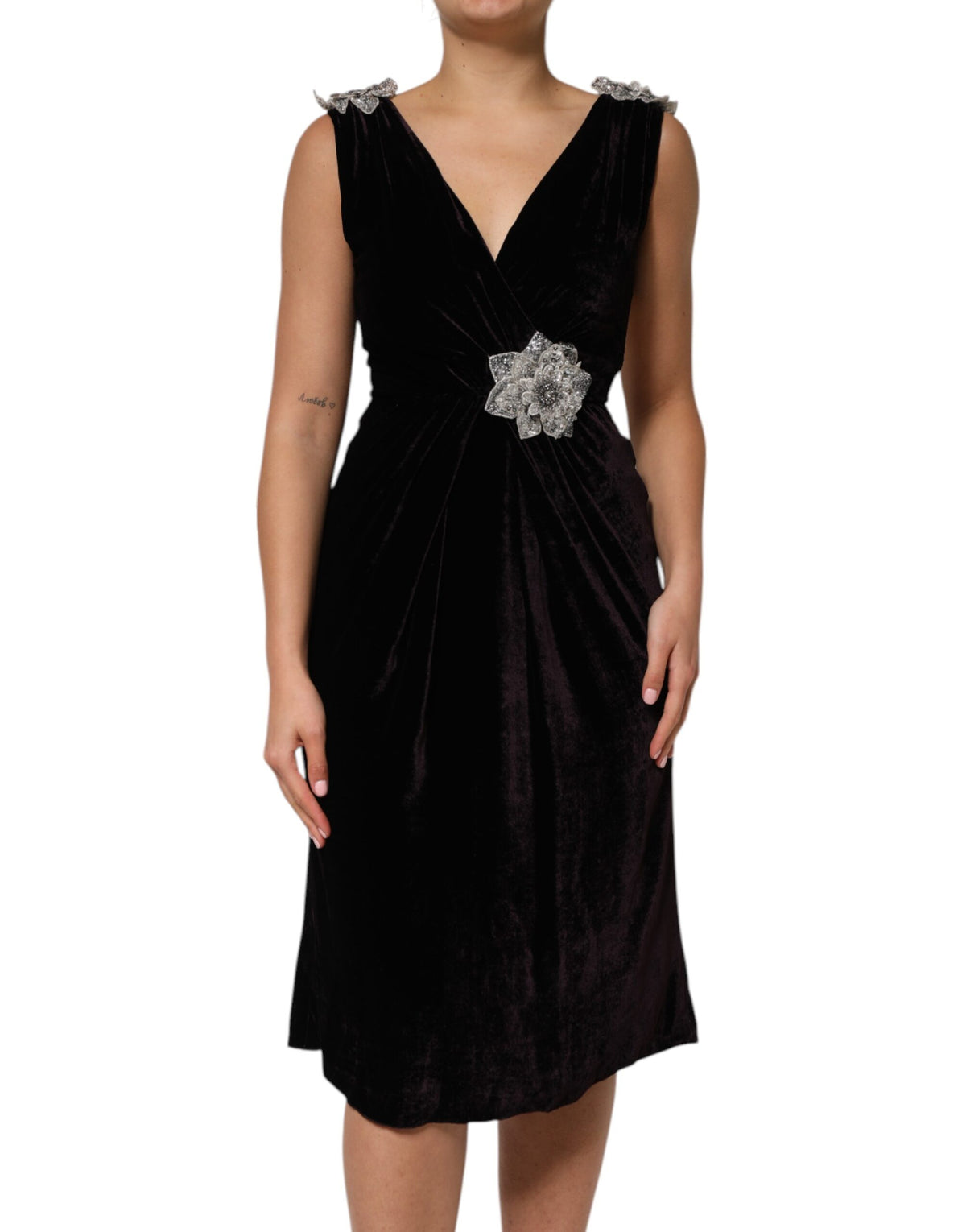 Dolce & Gabbana Black Velvet Flower Embellishment Aline Dress