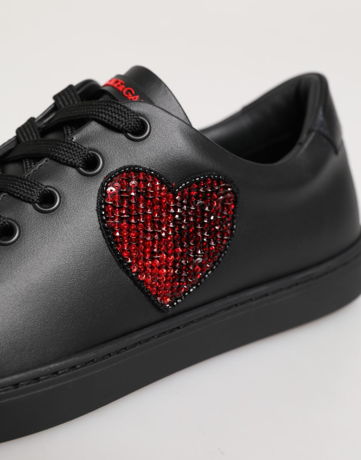 Dolce & Gabbana Black Leather Crystal Heart Low Top Sneakers  Shoes