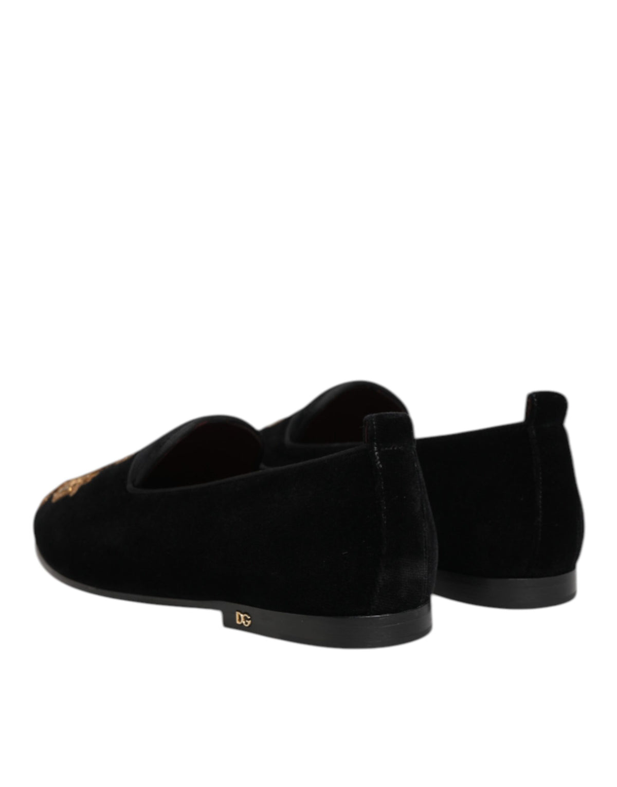 Dolce & Gabbana Black Velvet Gold Crown Mens Loafers Shoes