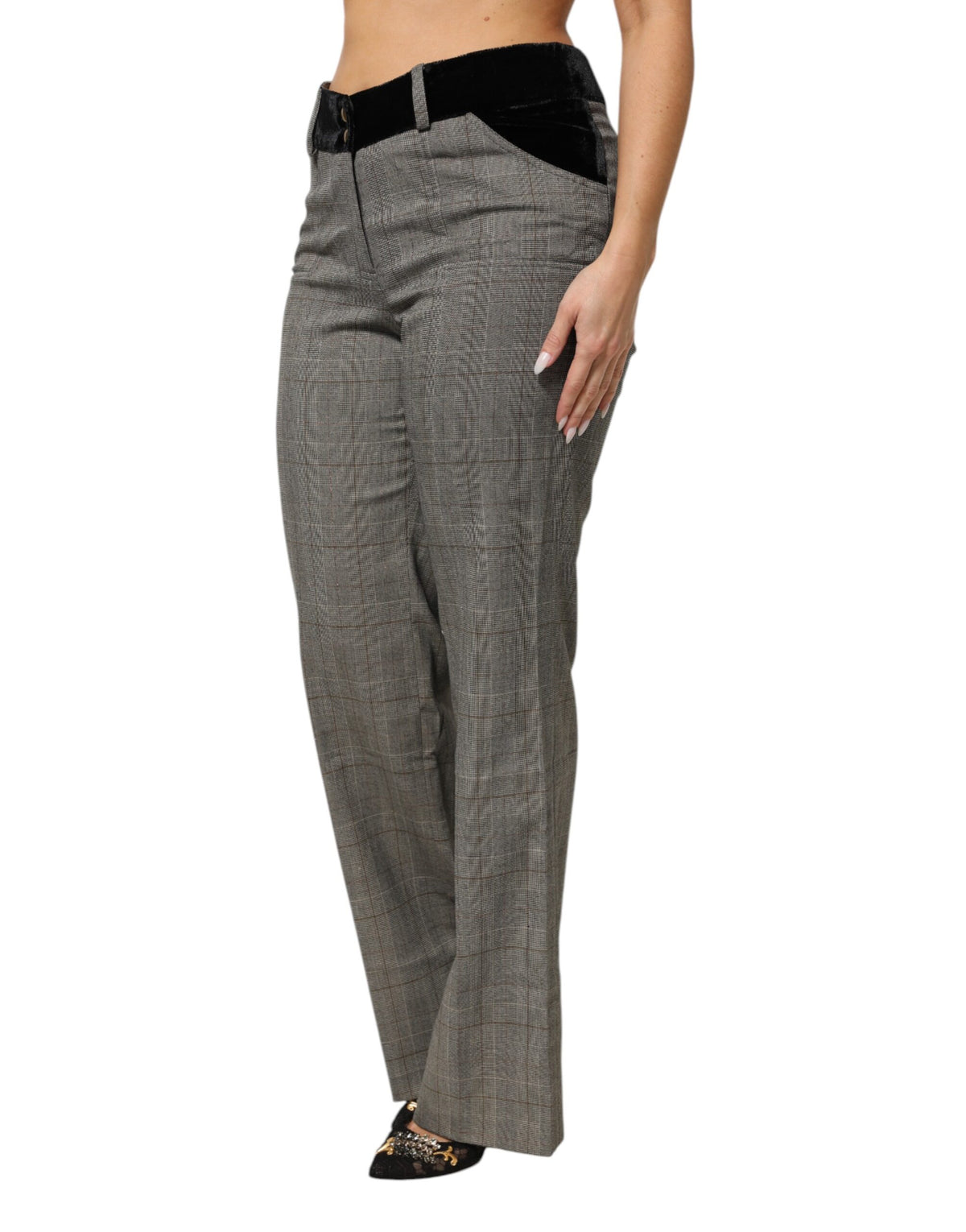 BENCIVENGA Gray Wool Blend Plaid Straight Leg Velvet Waist Pants