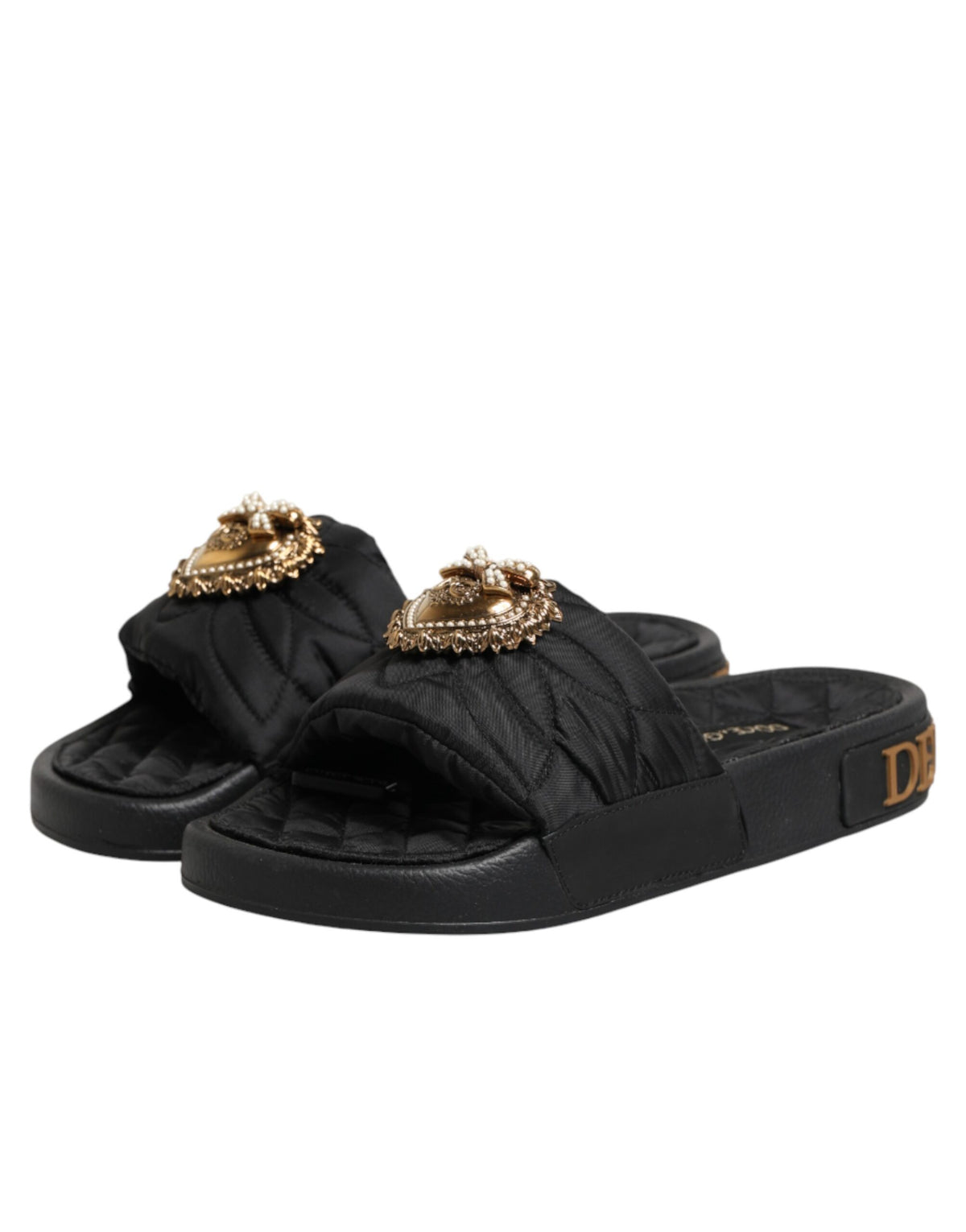 Dolce & Gabbana Black Devotion Matelassé Leather Slides Shoes