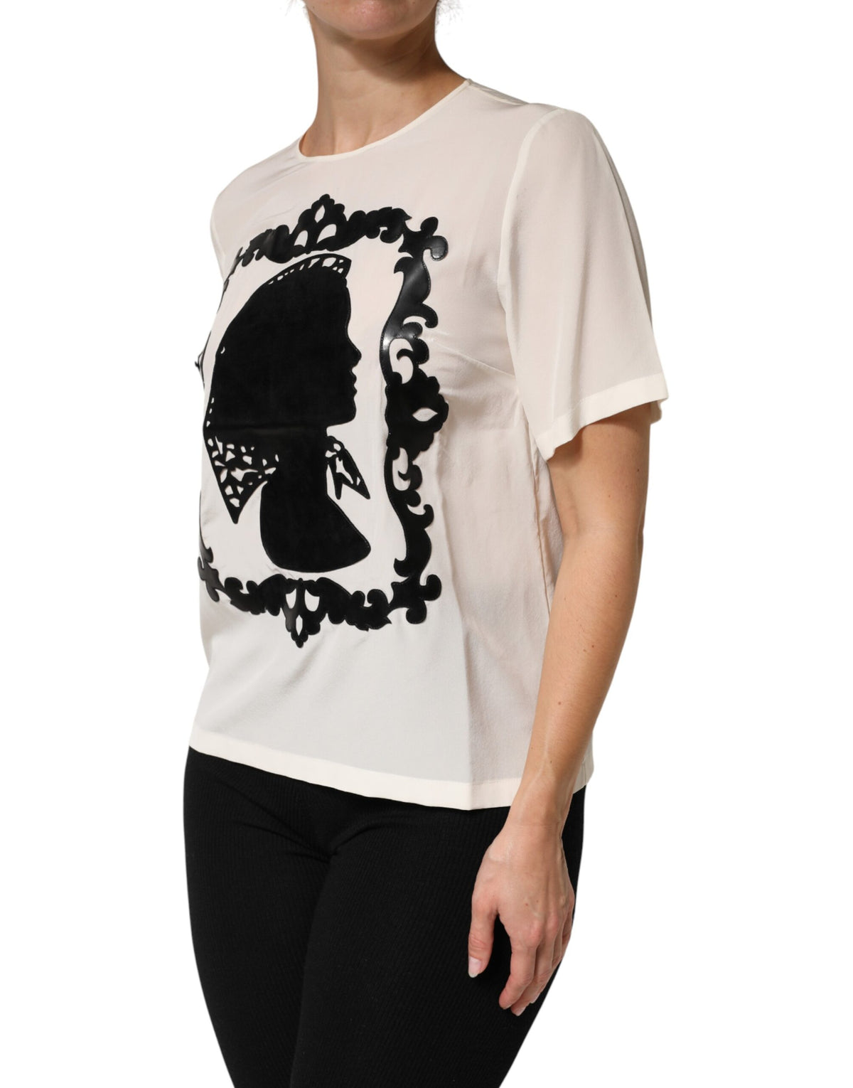 Dolce & Gabbana Cream Silk Silhouette Detail Short Sleeve Top