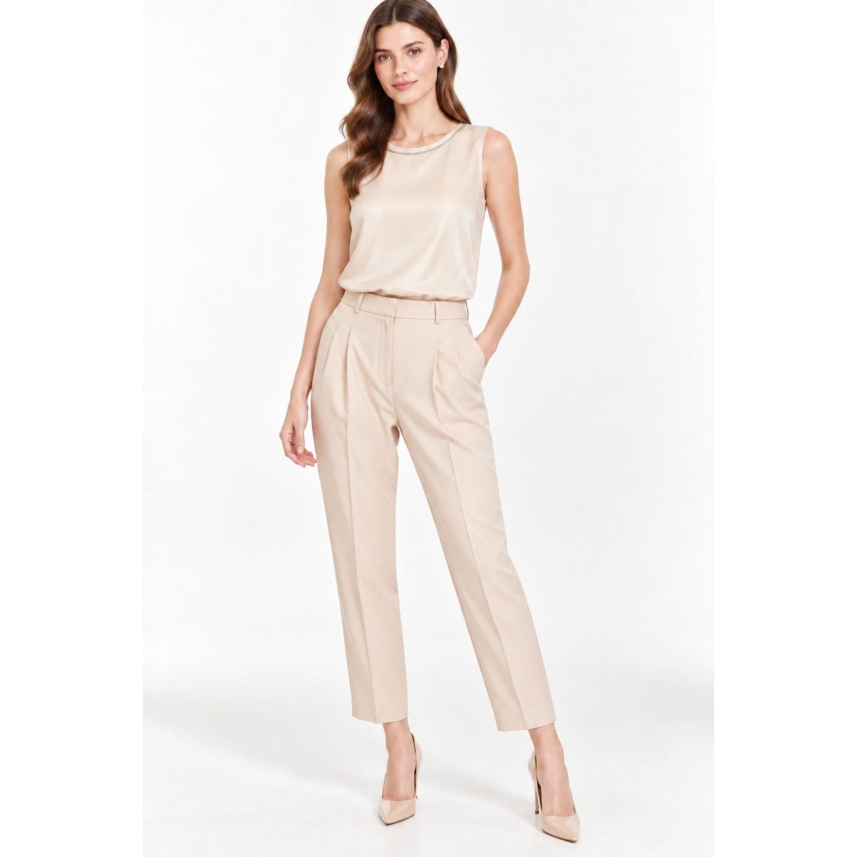 Peserico Ivory Beaded Trim Sleeveless Silk Top