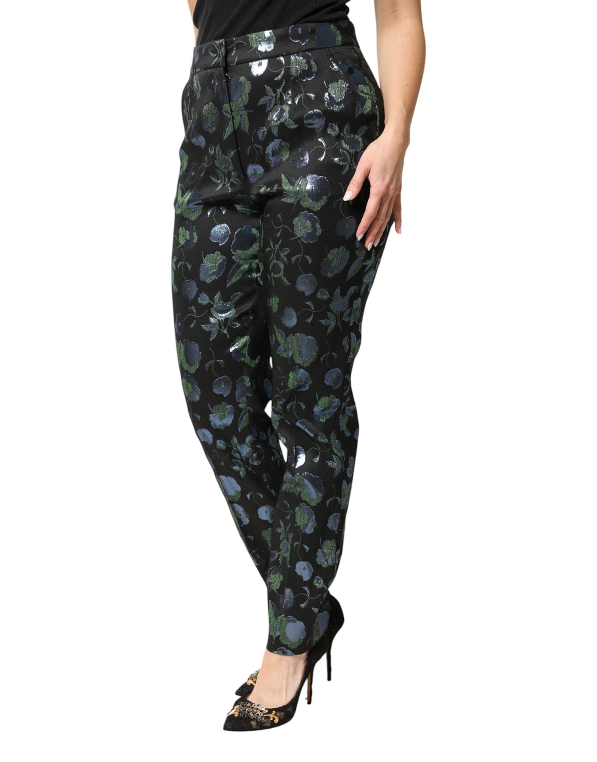 Dolce & Gabbana BlueGreen Floral Metallic Slim Trouser Pants