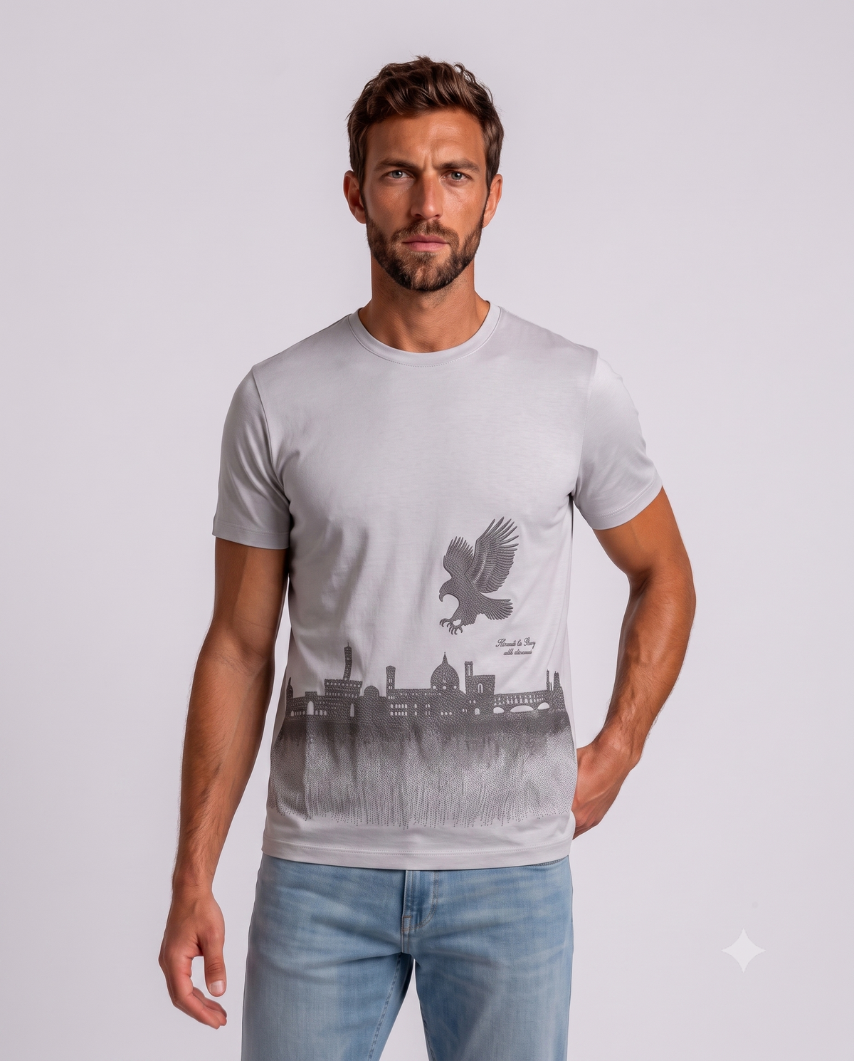 Stefano Ricci Silk Cotton T-Shirt Eagle Skyline | Grey