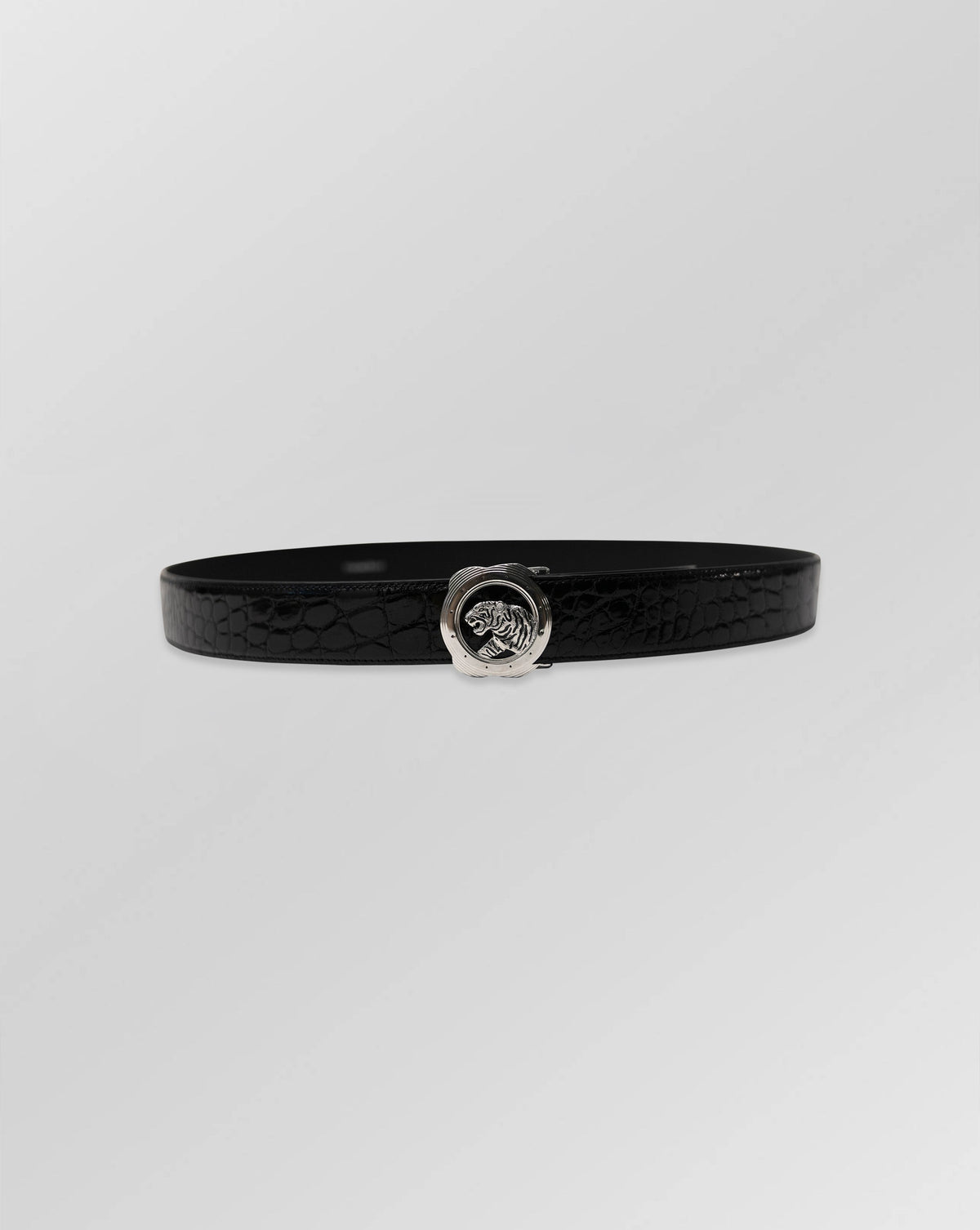 Stefano Ricci Crocodile Leather Tiger Buckle Belt – Black Exotic Statement Belt