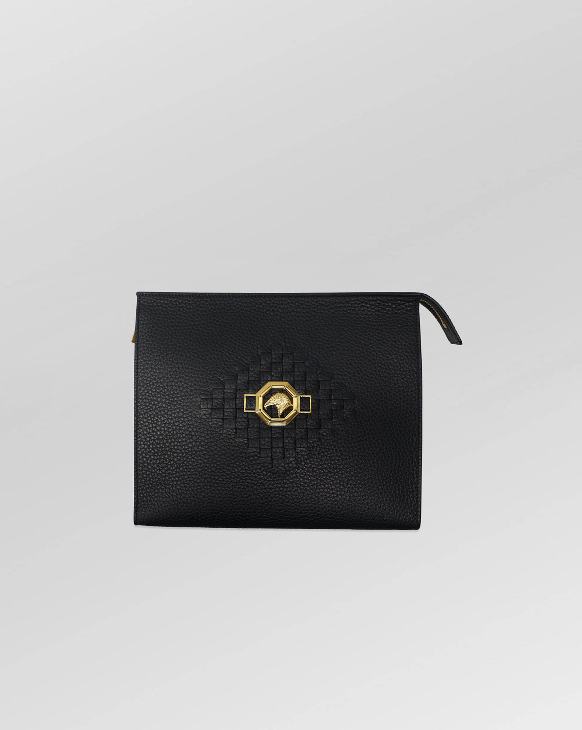 Stefano Ricci Black Grained Leather Zip Portfolio Case with Woven Detail