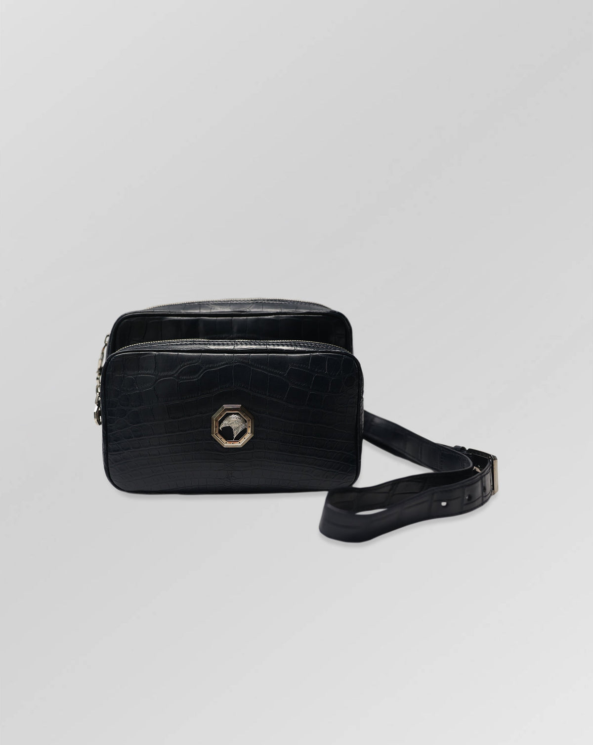 Stefano Ricci Black Matte Crocodile Leather Travel Pouch with Detachable Shoulder Strap