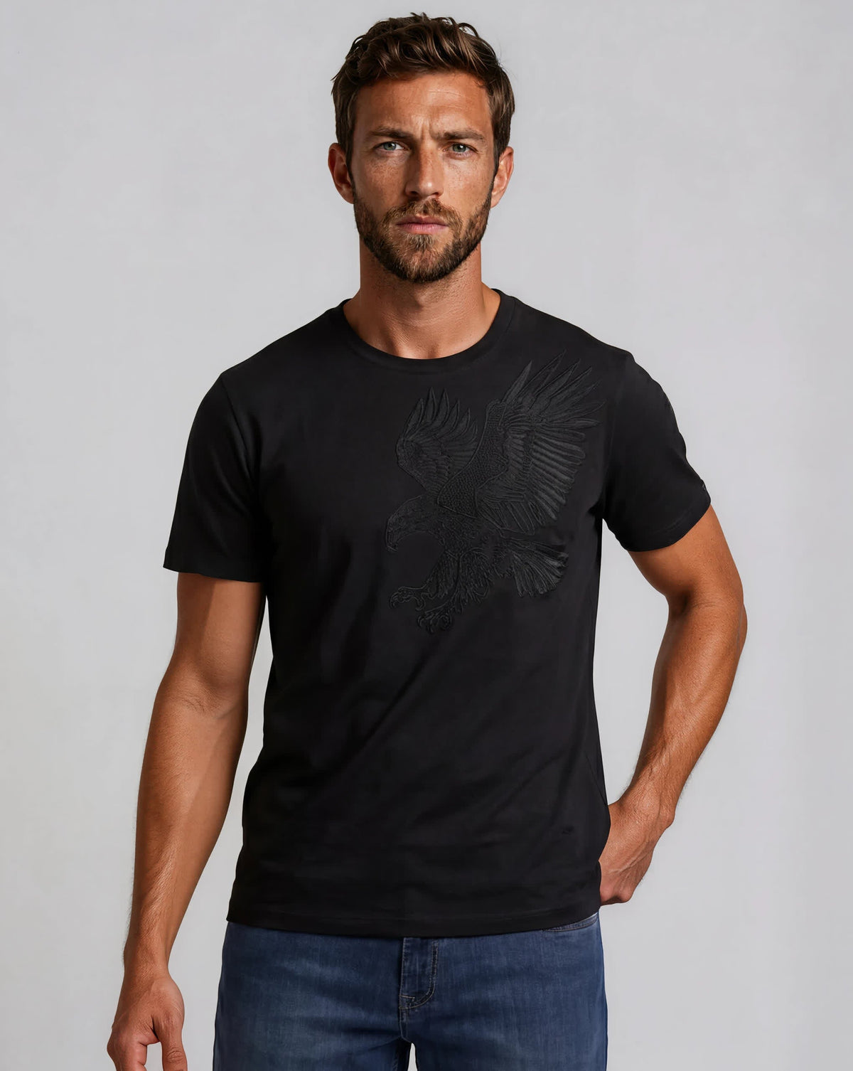 Stefano Ricci Silk Cotton T-Shirt Eagle Embroidery | Black