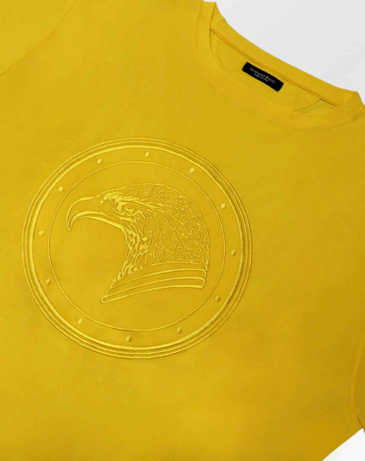 Stefano Ricci Silk Cotton T-Shirt with Eagle Embroidery | Yellow