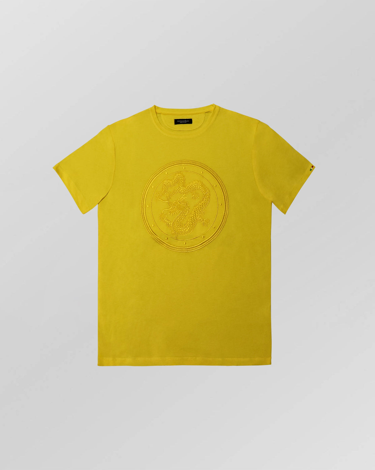Stefano Ricci Silk Cotton T-Shirt with Dragon Embroidery Yellow