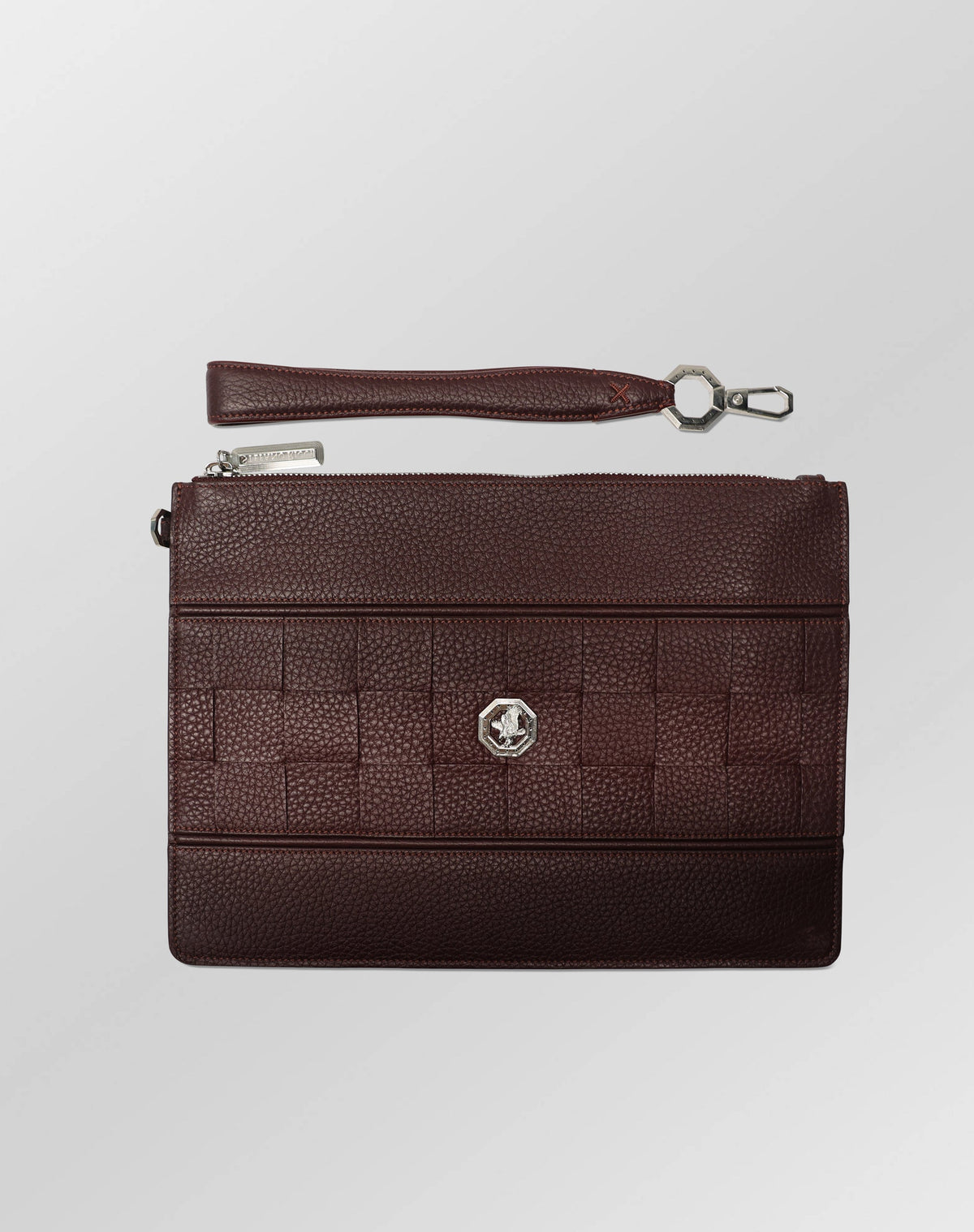 Stefano Ricci Brown Grained Leather Zip Clutch with Woven Detail