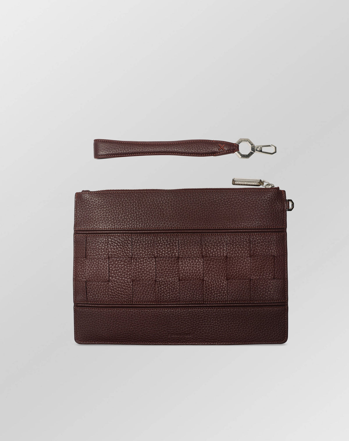 Stefano Ricci Brown Grained Leather Zip Clutch with Woven Detail