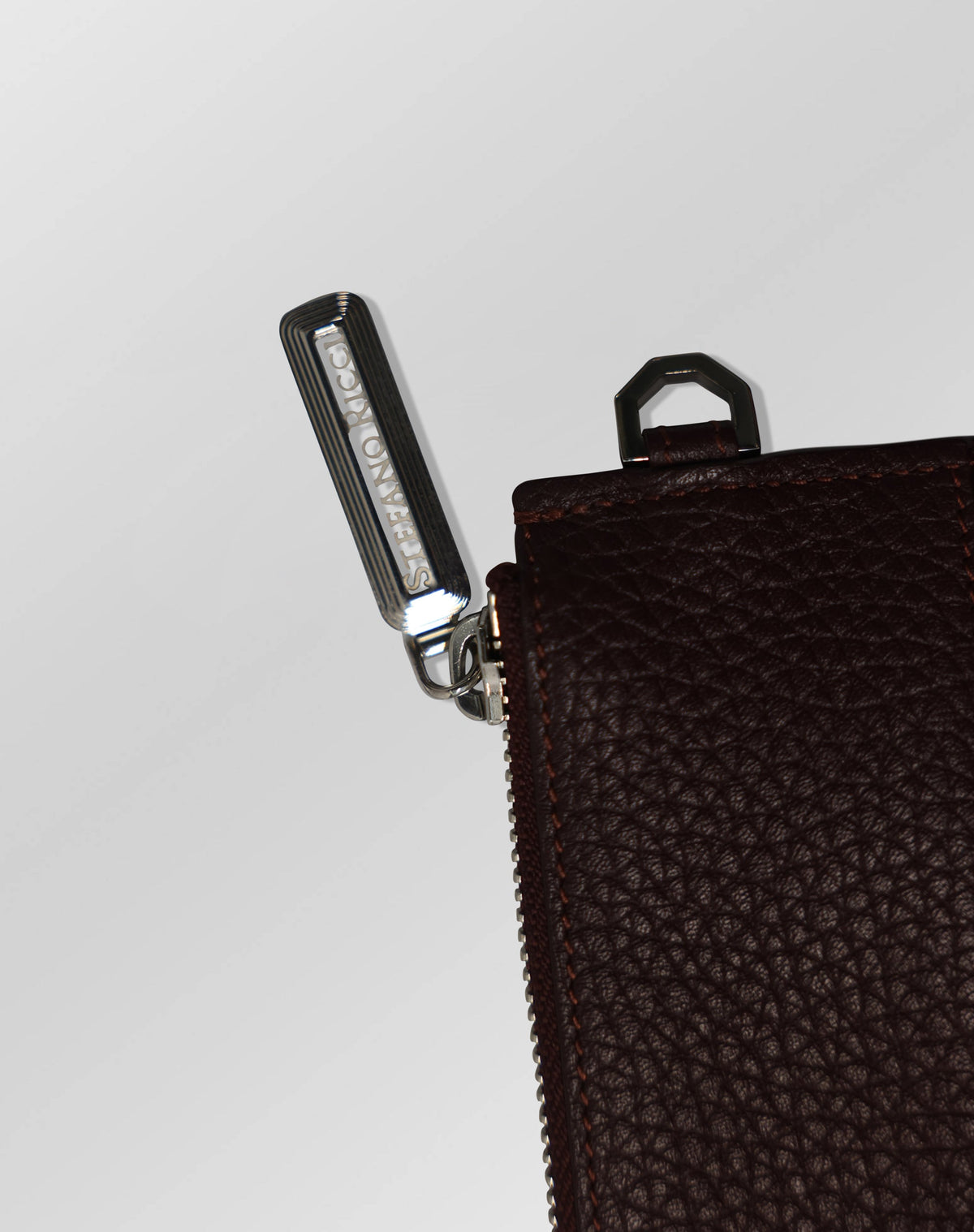 Stefano Ricci Brown Grained Leather Zip Clutch with Woven Detail