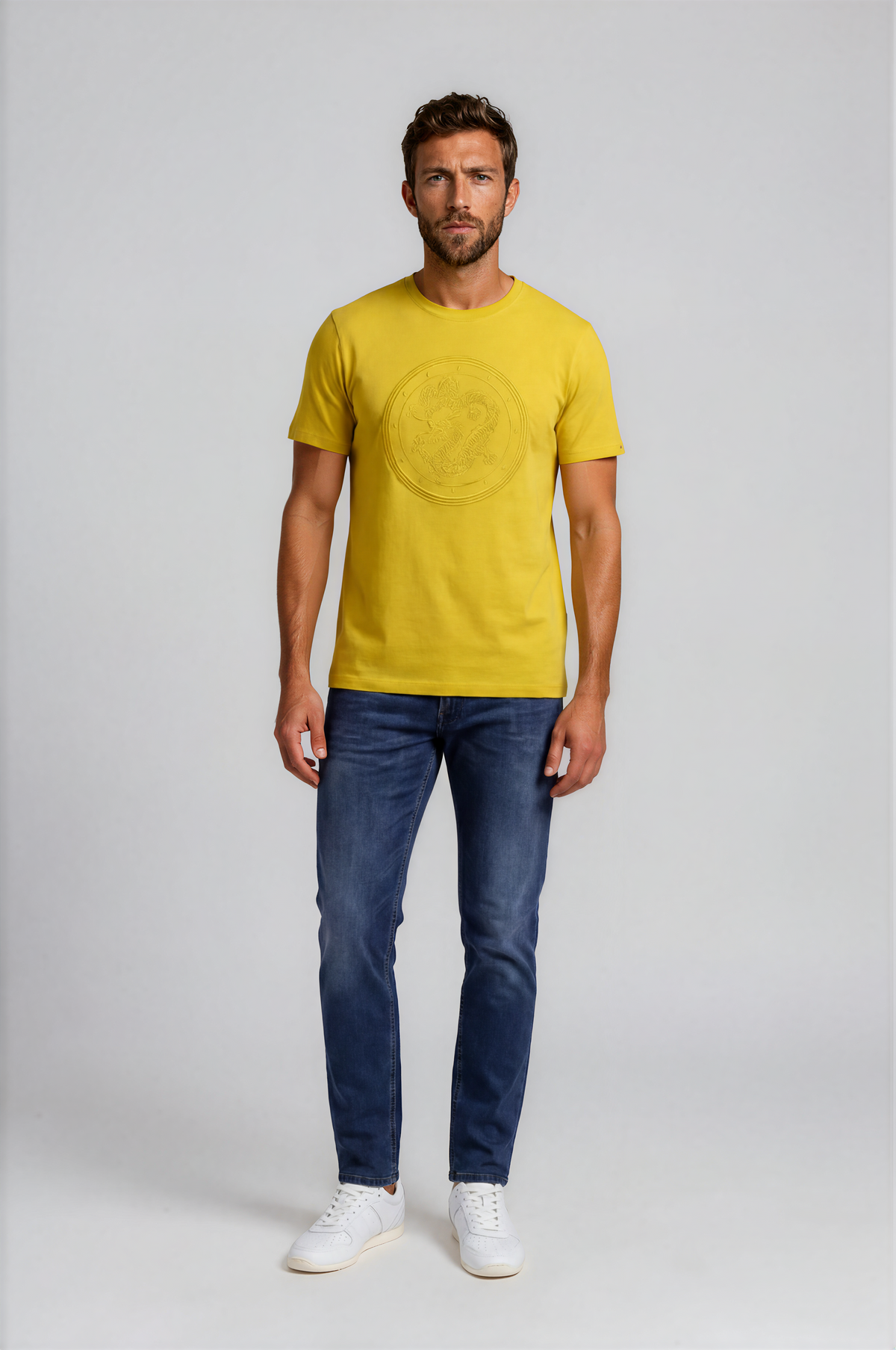 Stefano Ricci Silk Cotton T-Shirt with Dragon Embroidery Yellow