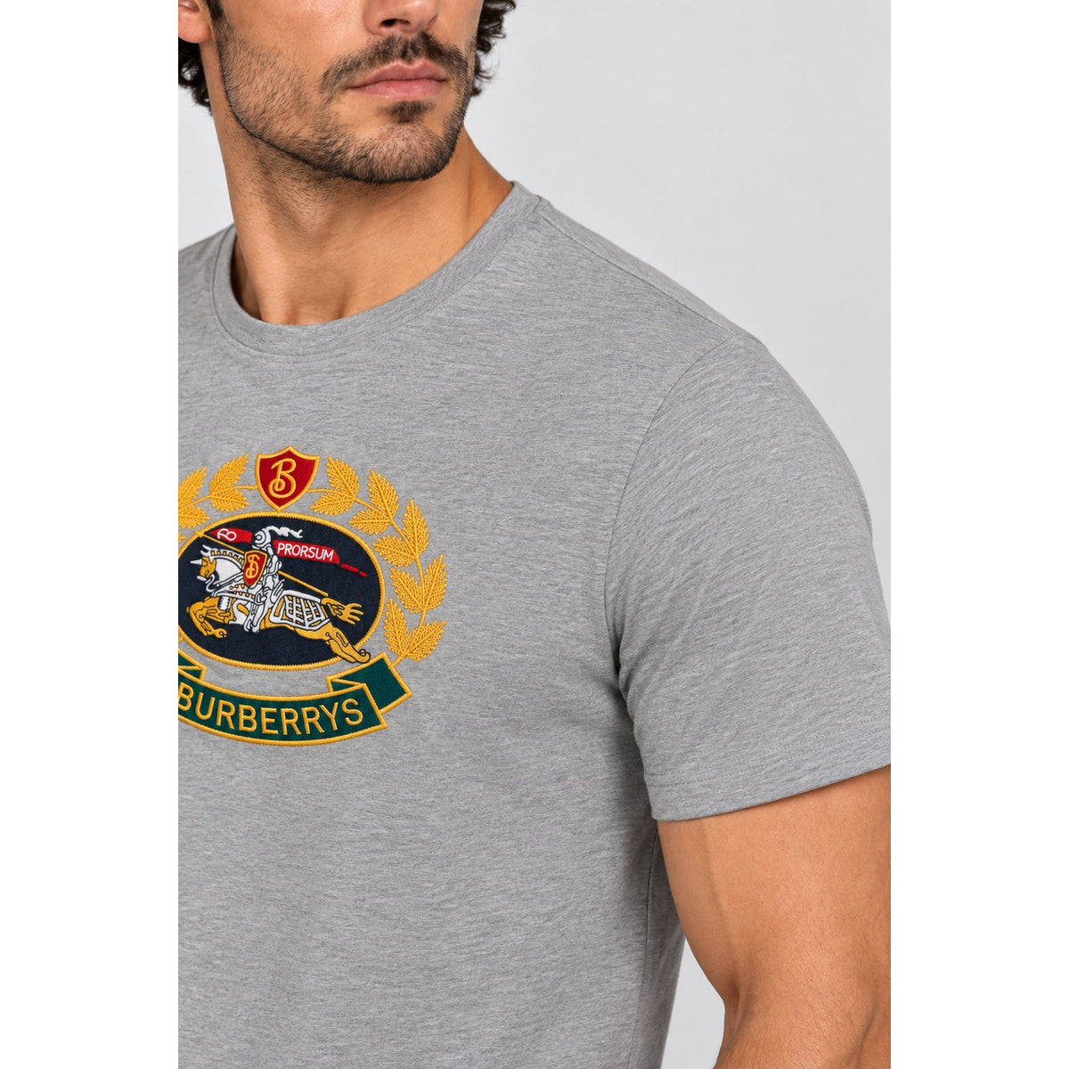 Burberry Gray Crew Neck Embroidered Archive Logo T Shirt