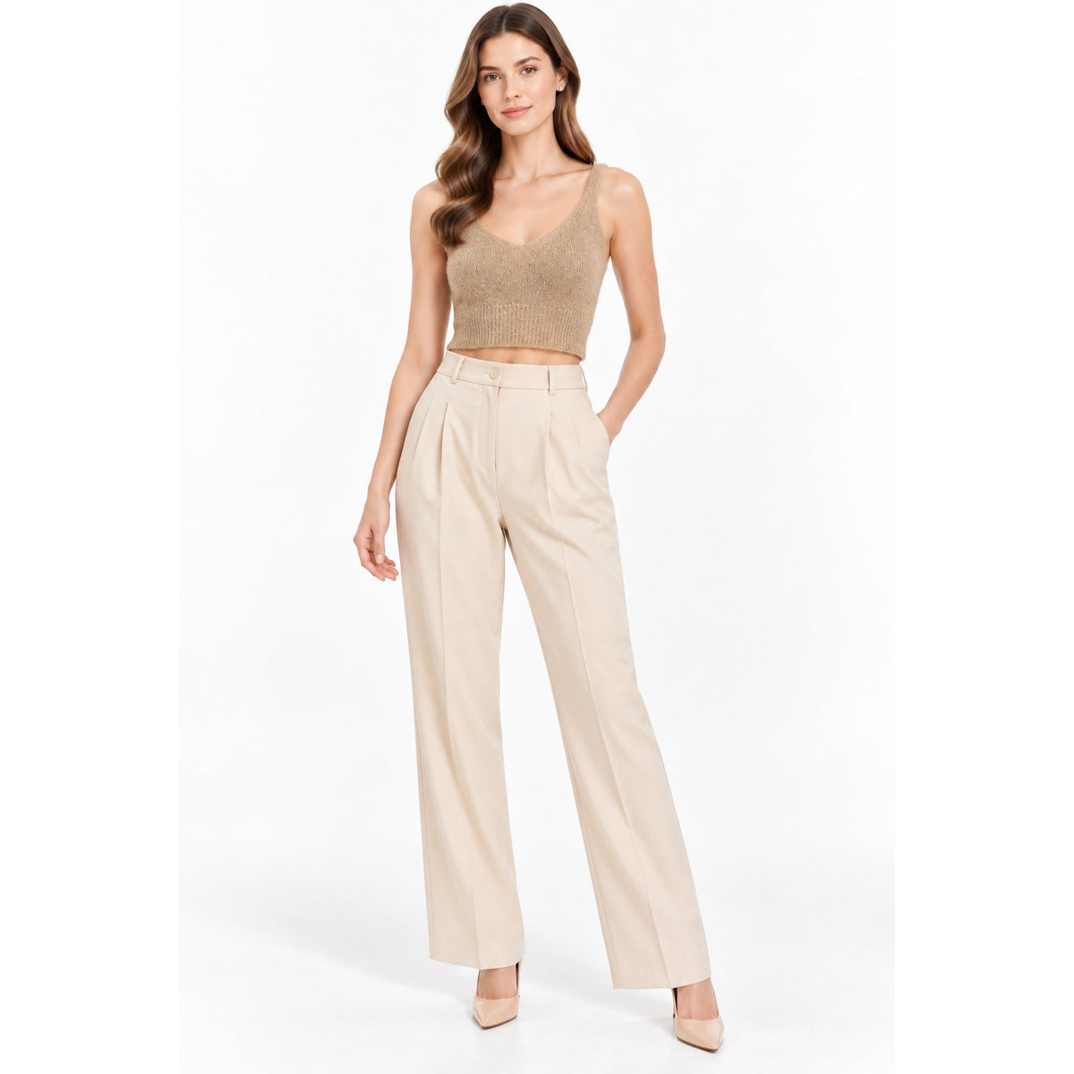 Peserico Beige Ribbed V Neck Cropped Top