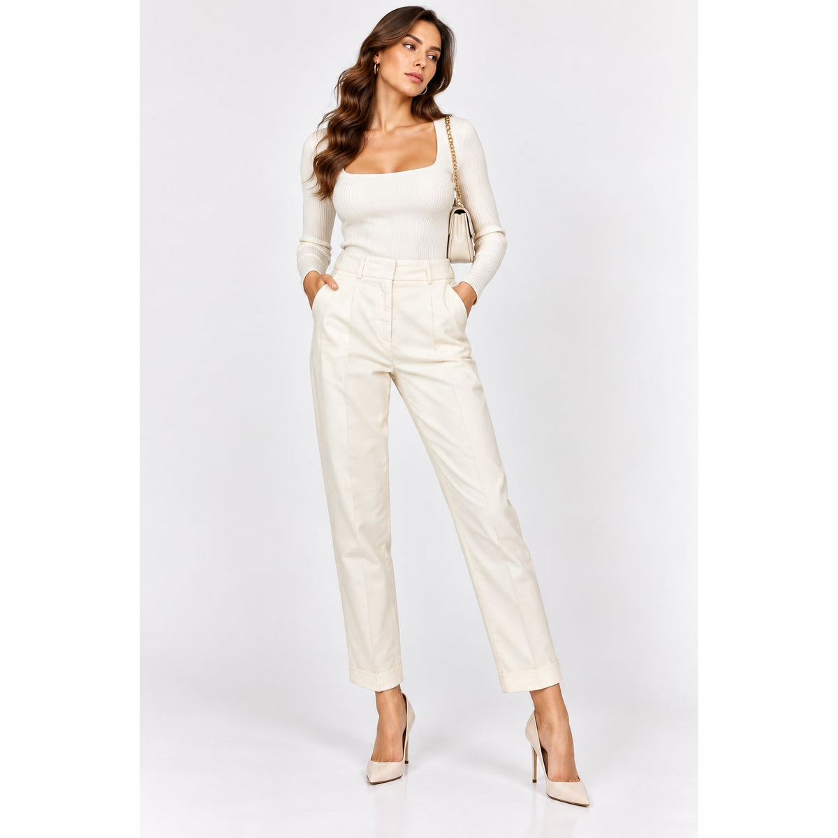 Peserico White Straight Leg High Waist Pleated Cuffed Trousers White