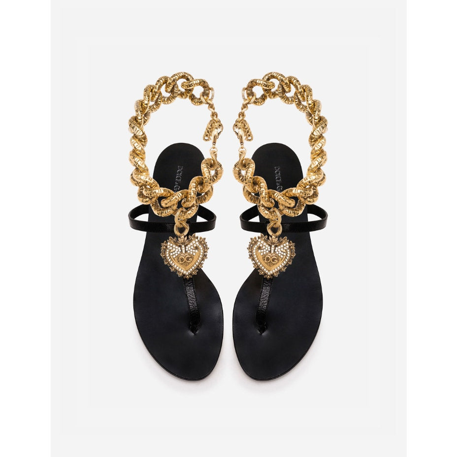 Dolce & Gabbana Black /Gold Polished Cowhide Devotion Flip Flops