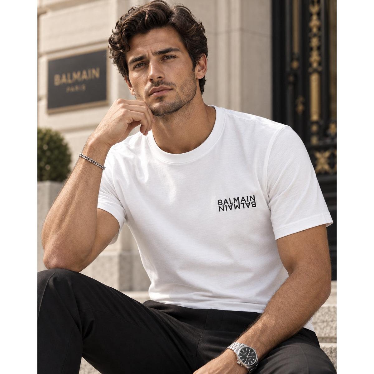 Balmain White Short Sleeve Logo Print T Shirt